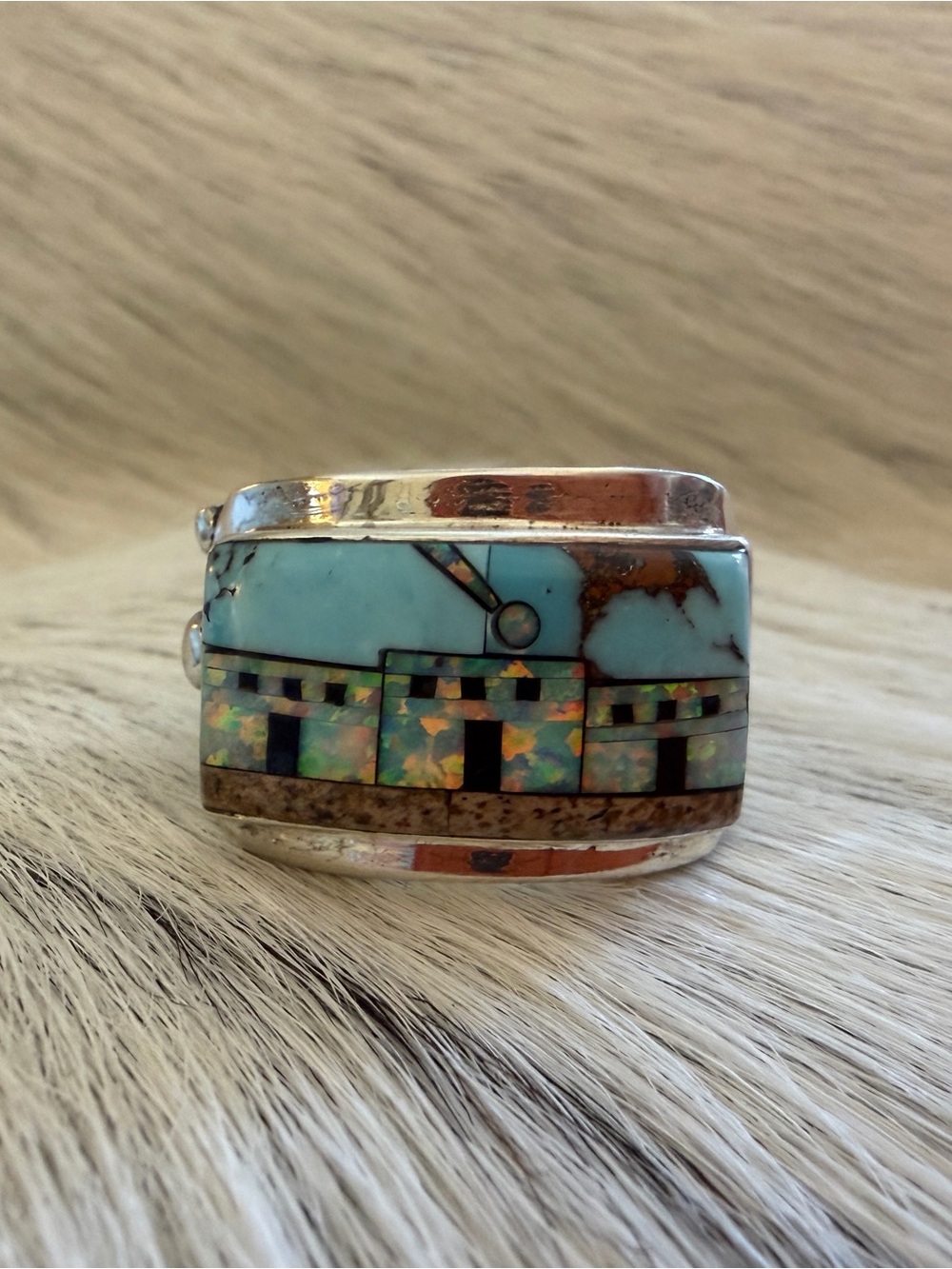 ❤️ Signed Galaxy Micro Inlaid Large Pueblo Scene Sterling Ring Sz 9 Unisex 8.7G - Picture 7 of 17